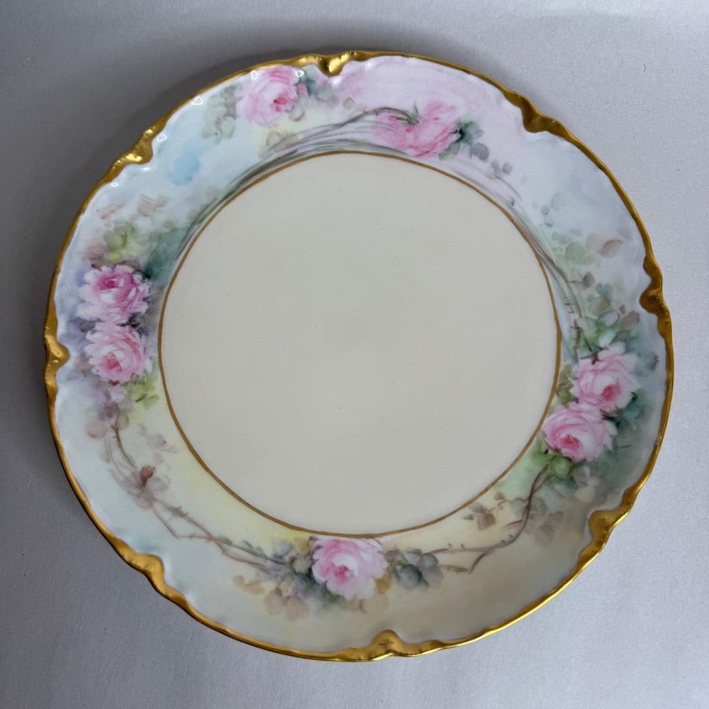 Haviland France Limoges Hand Painted Pink Rose Plate Gold Scalloped Rim 8.5"